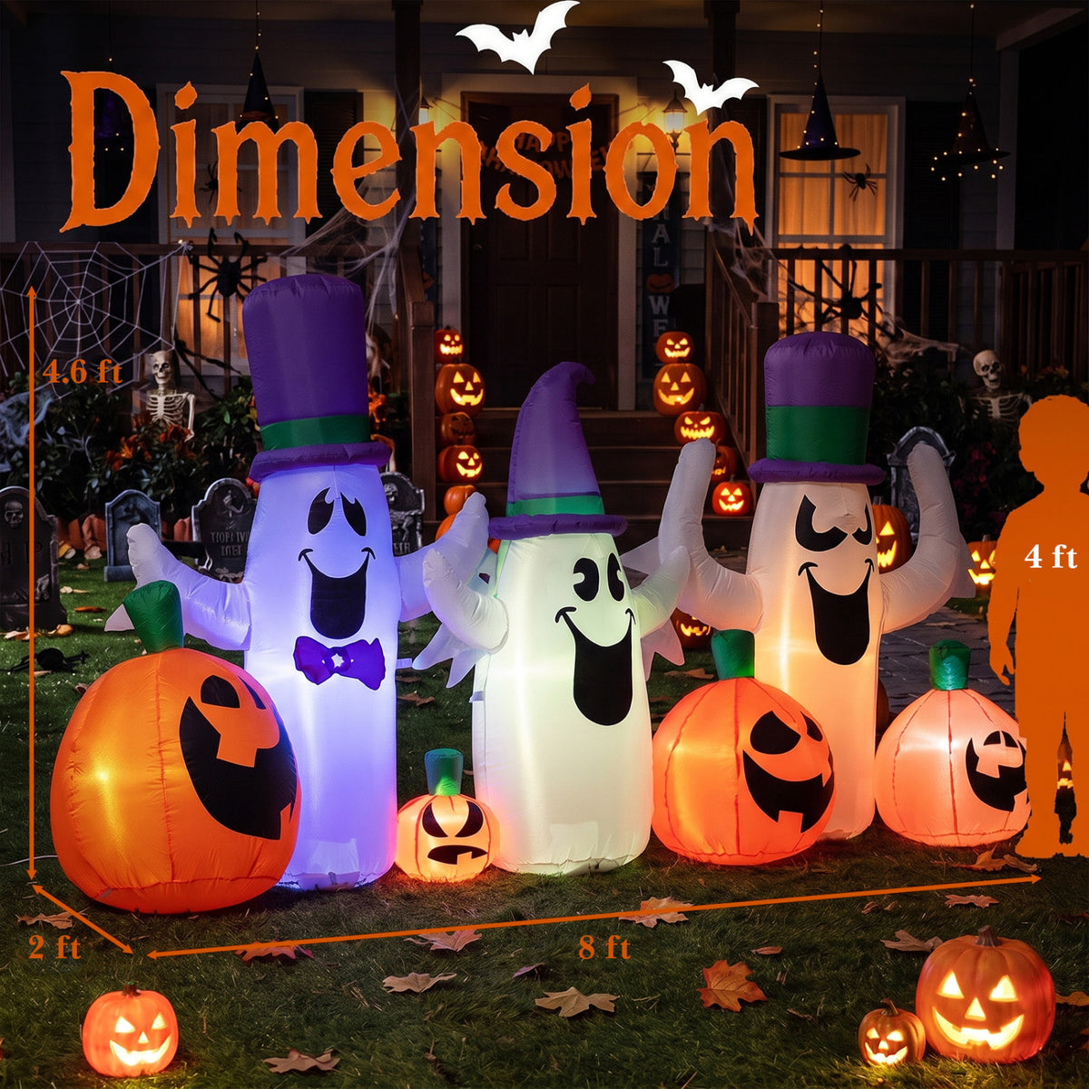 8 FT Blow Up Cute Ghosts and Pumpkins with Built-in RGB LED Lights for Halloween
