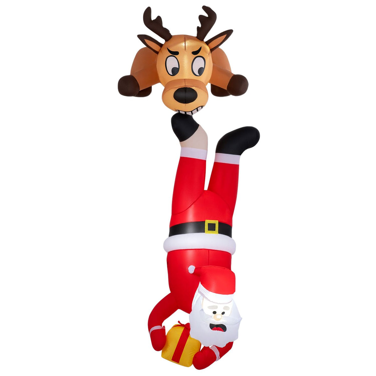 Front view of an inflatable reindeer holding upside-down Santa against a white background.