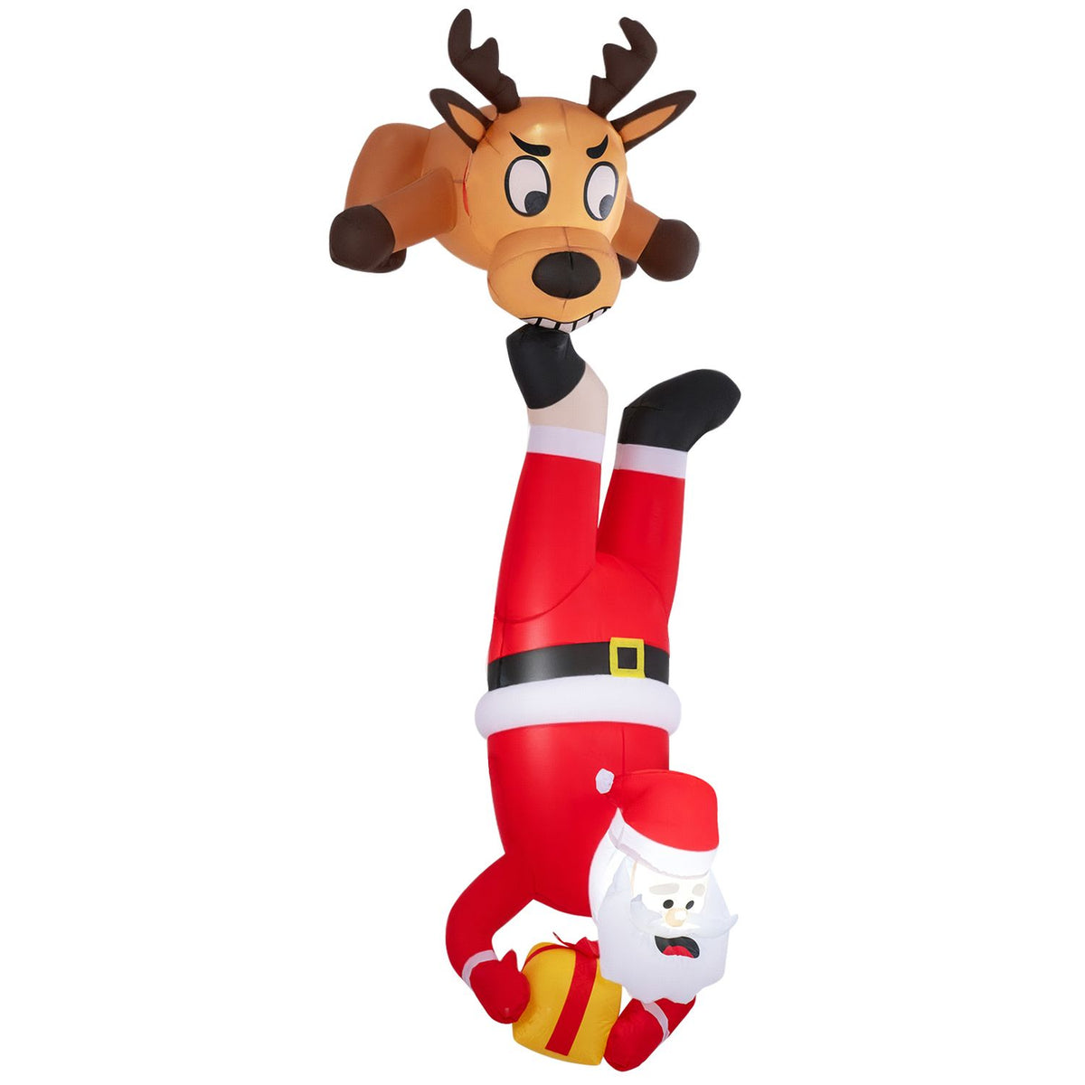Angled view of an inflatable reindeer and upside-down Santa against a white background.