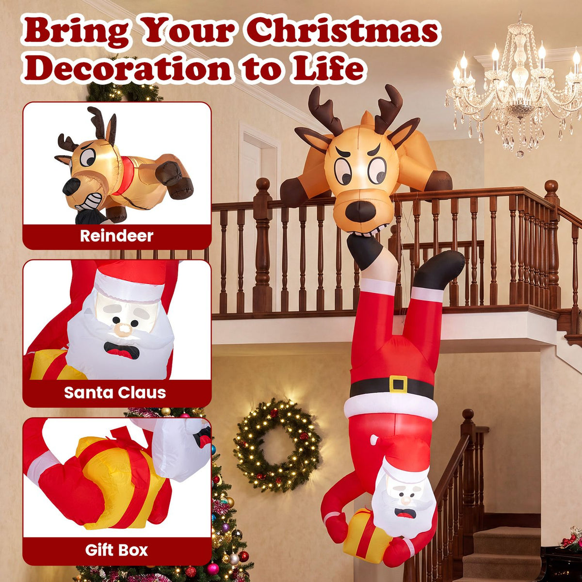 Inflatable Santa and reindeer hang above a staircase, alongside close-ups of the reindeer, Santa, and gift.