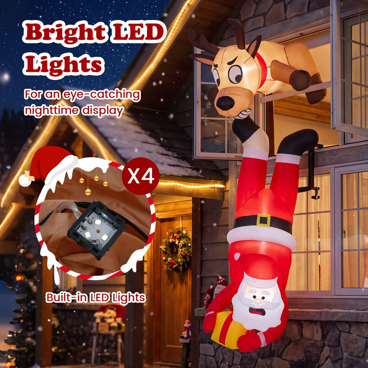 Inflatable Santa and reindeer hang outside a house at night, with a close-up inset of a small light component.