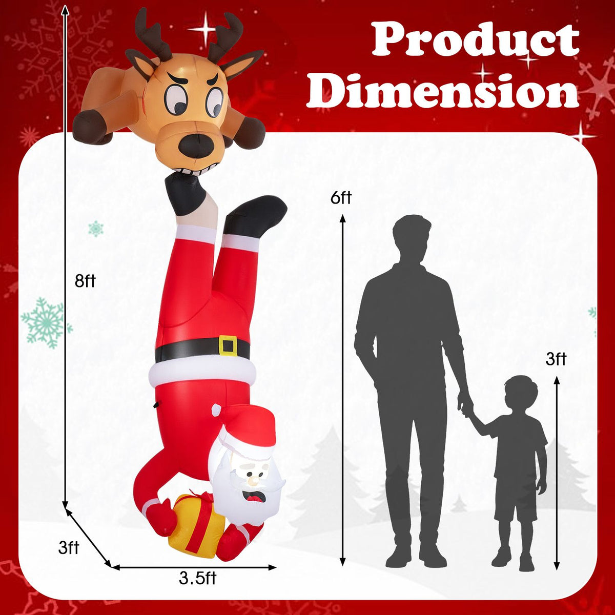 Inflatable Santa and reindeer shown upside down, with arrows indicating height and ground dimensions.