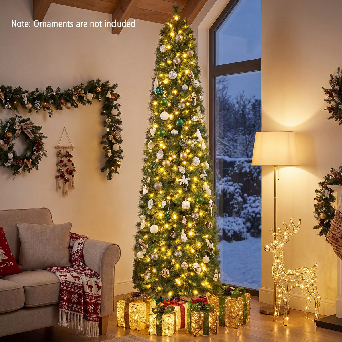A glowing decorated Christmas tree stands beside a sofa and presents in a cozy living room.