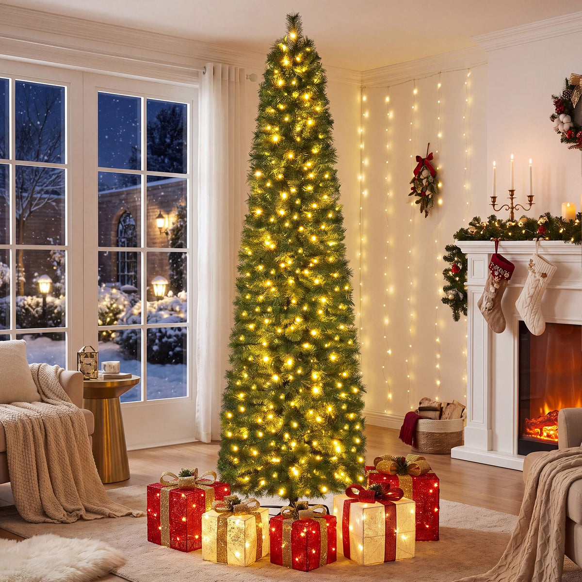A lit Christmas tree surrounded by gift boxes stands between tall windows and a fireplace.