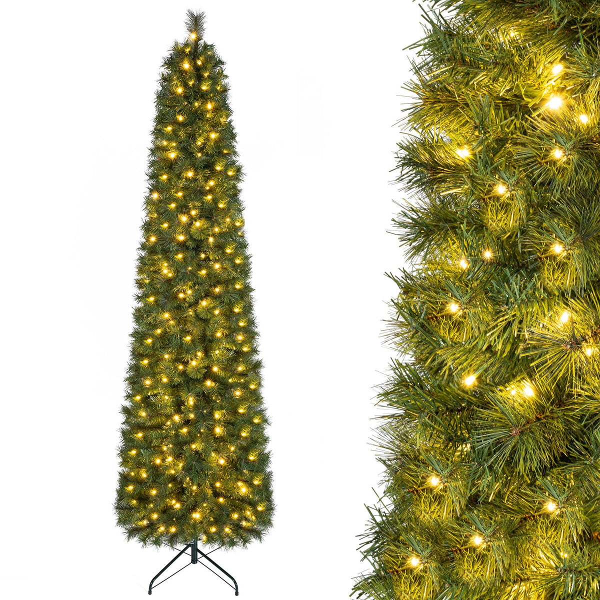 An illuminated artificial pine tree on a stand, with a close-up of its branches and lights.