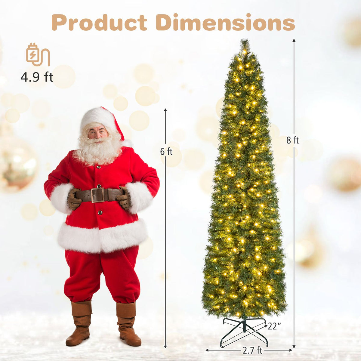 A lit Christmas tree and a standing Santa figure are shown with measurement arrows.