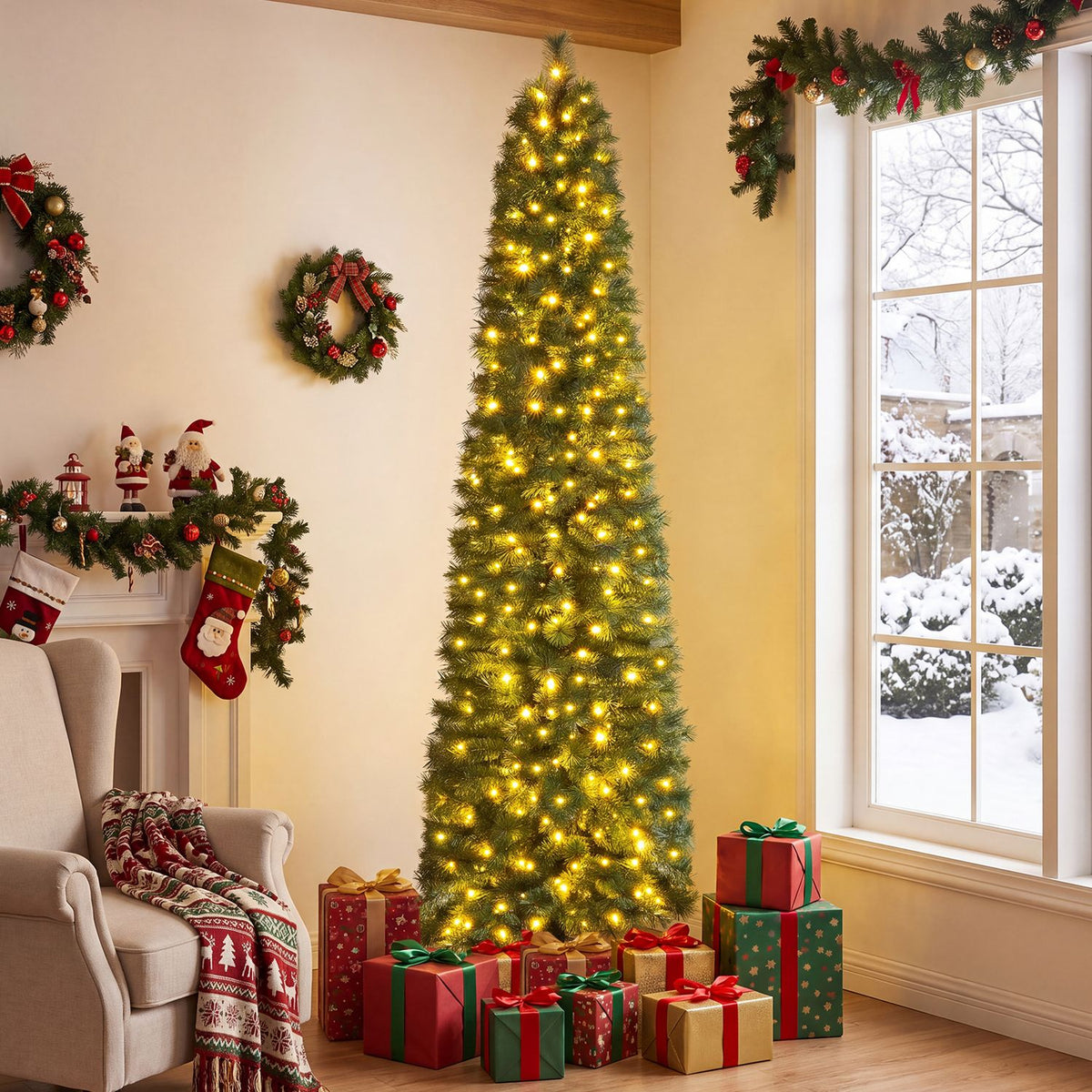 A tall, slim Christmas tree glowing with warm lights beside a window, surrounded by wrapped gifts.