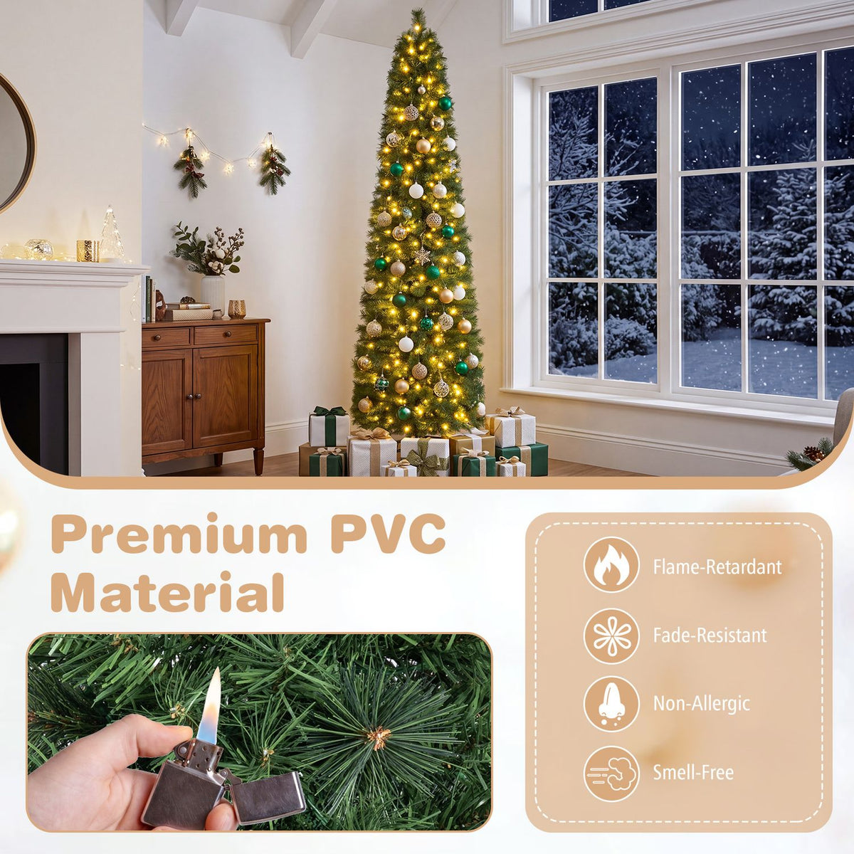A decorated lit tree stands by a snowy window; an inset shows a hand testing a branch with a flame.