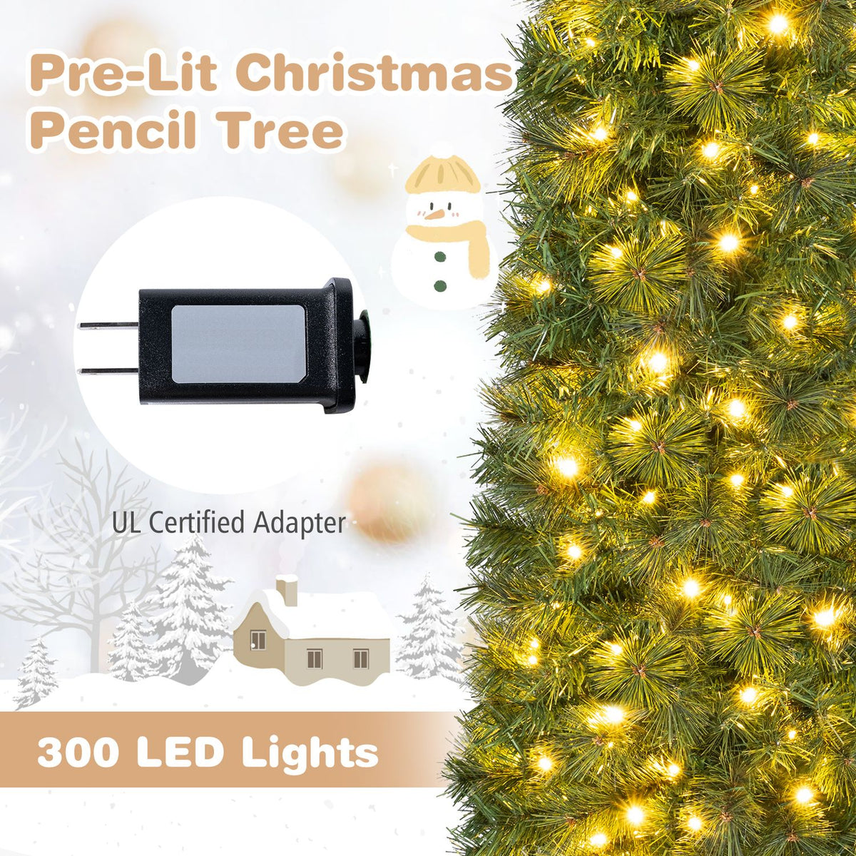 Close-up of illuminated tree branches beside an inset image of a plug adapter.