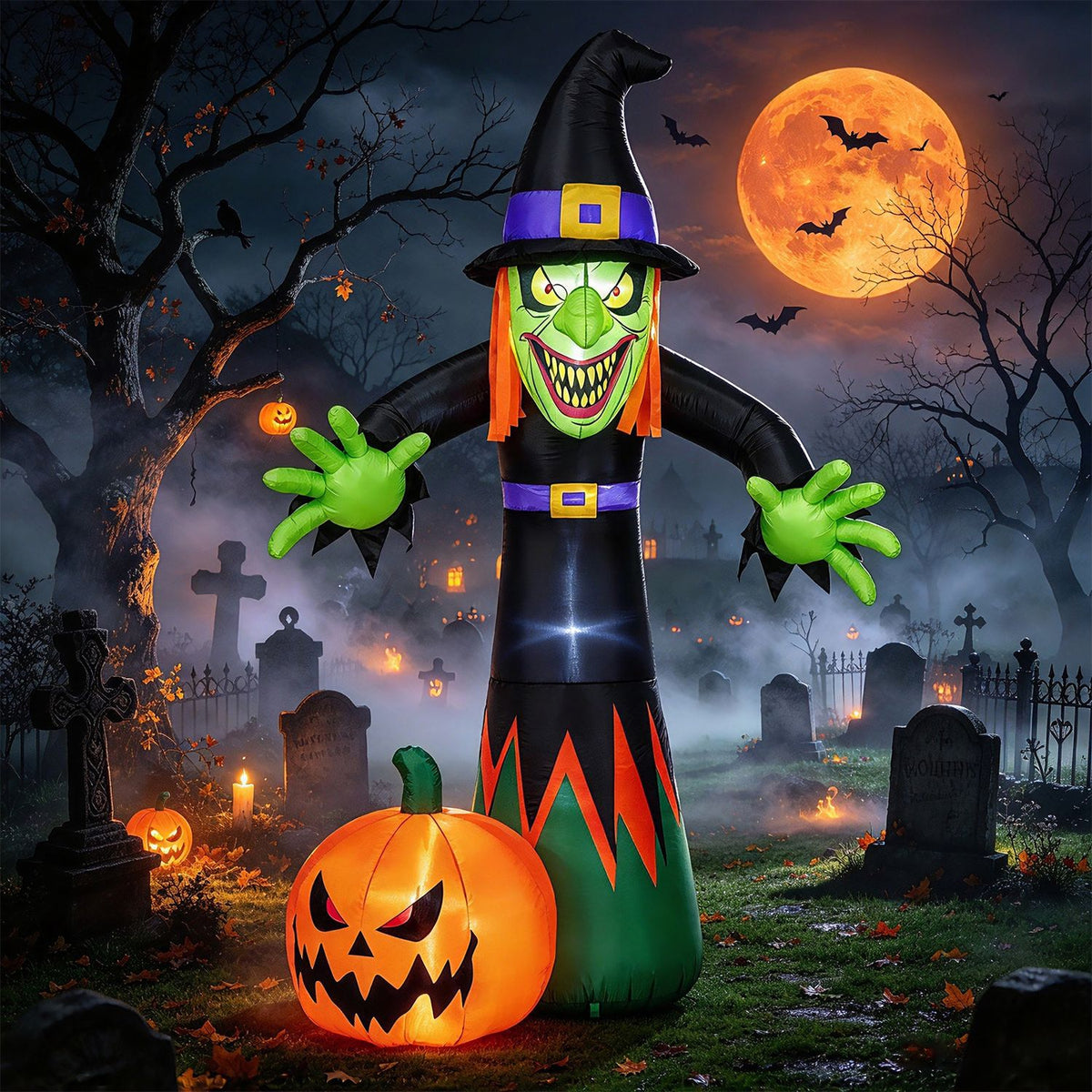 Inflatable witch with green hands stands beside a grinning pumpkin in a moonlit graveyard scene.