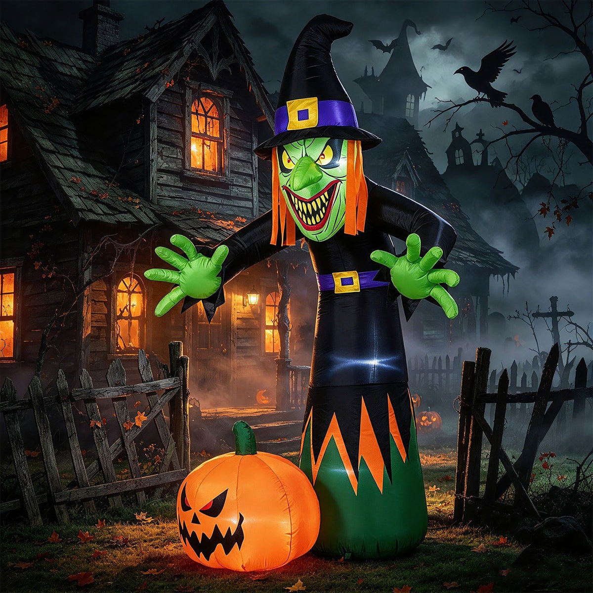 Inflatable witch and jack-o'-lantern displayed before a spooky, illuminated house at night.