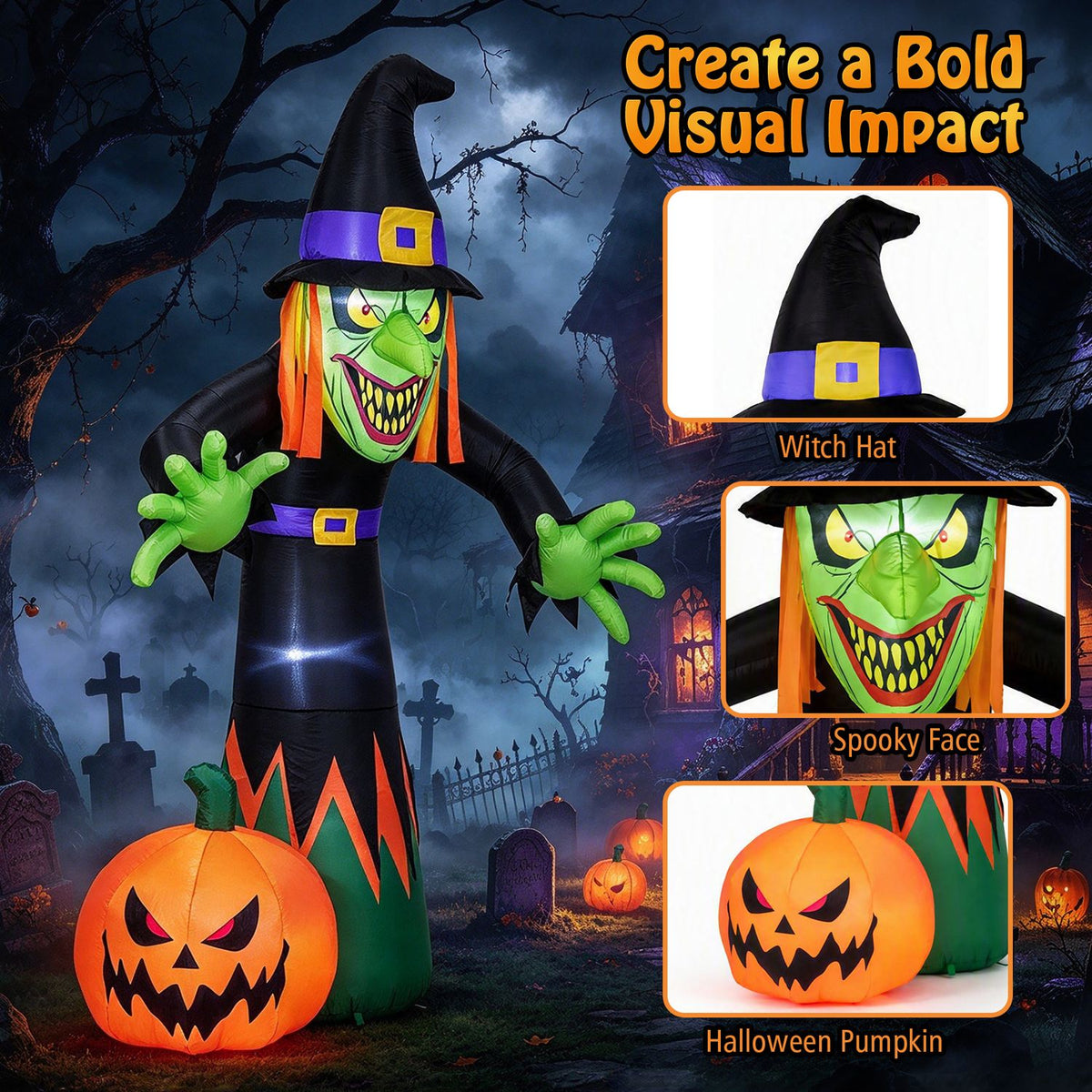 Inflatable witch and pumpkin in a spooky graveyard scene, with close-ups of the hat, face, and pumpkin.