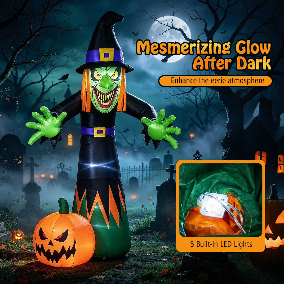 Witch and pumpkin glow in a moonlit graveyard, beside an inset showing lights inside the inflatable.