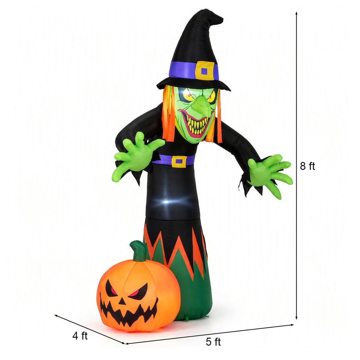 Inflatable witch and grinning pumpkin shown against a white background with measurement arrows.