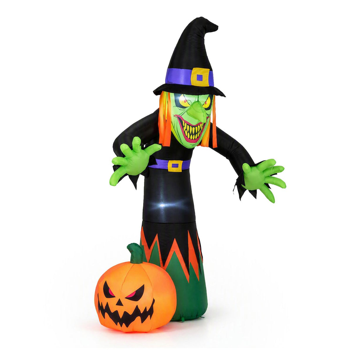 Inflatable witch with outstretched hands and a smiling pumpkin shown against a white background.