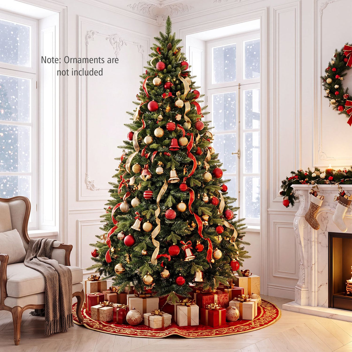 Decorated Christmas tree with red and gold ornaments beside a fireplace and armchair.