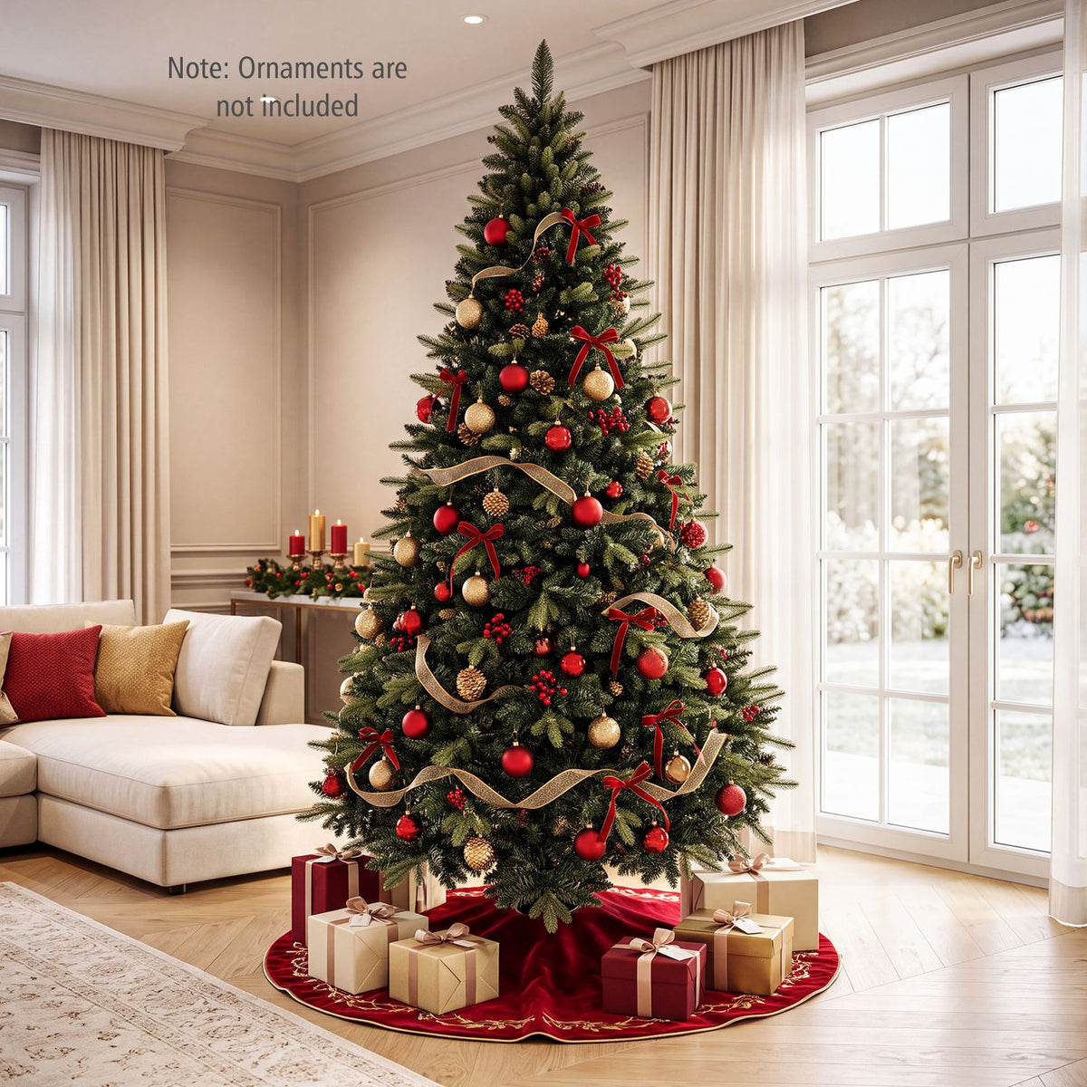 Decorated Christmas tree and wrapped gifts in a bright living room.