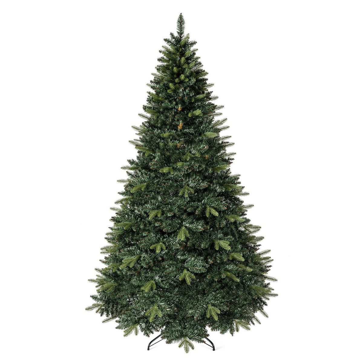 Unadorned green artificial Christmas tree on a black folding stand against a white background.