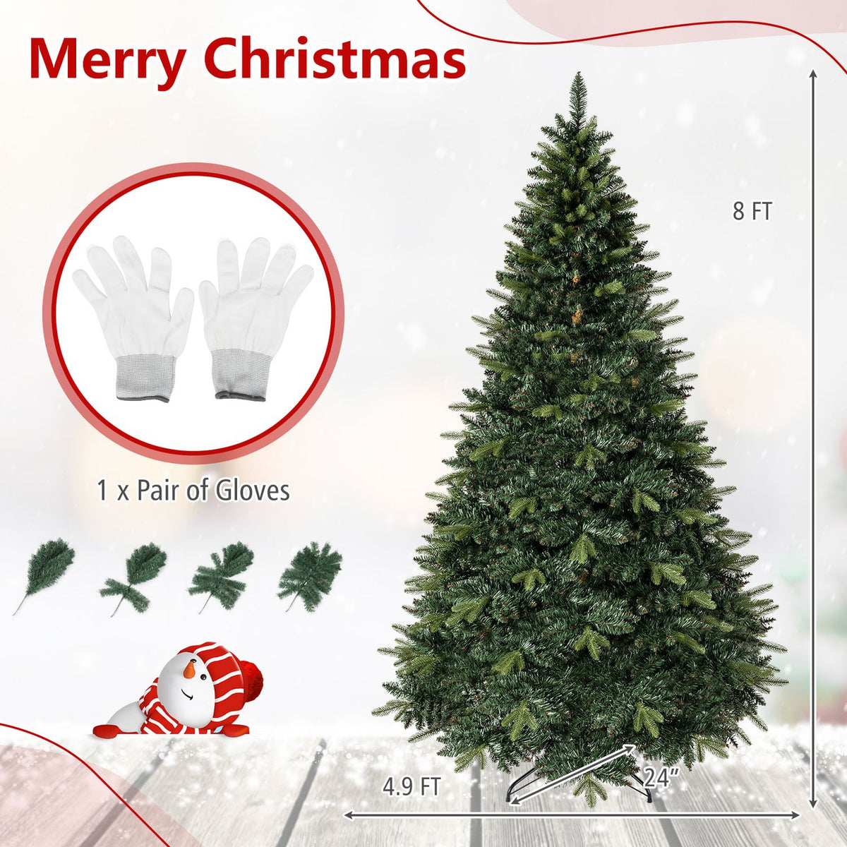 Green Christmas tree shown with a pair of gloves and dimension arrows on a festive background.