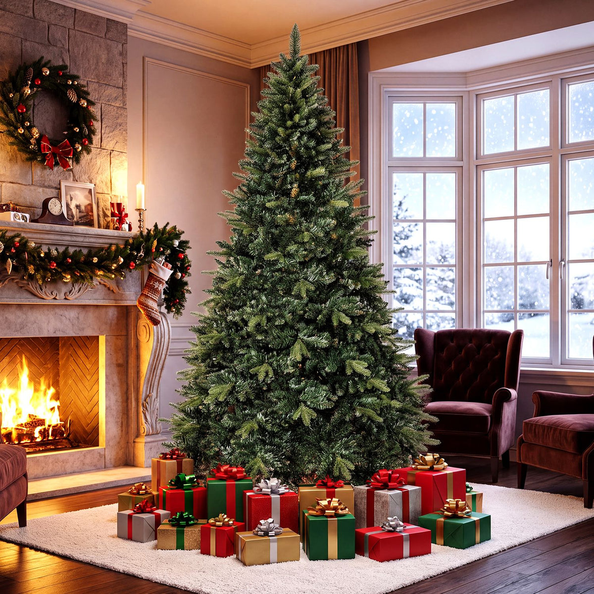 Unadorned green Christmas tree standing beside a decorated fireplace, surrounded by wrapped gifts.