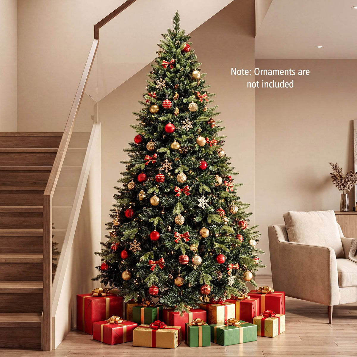 Christmas tree decorated with red and gold ornaments beside a staircase, with wrapped presents at its base.