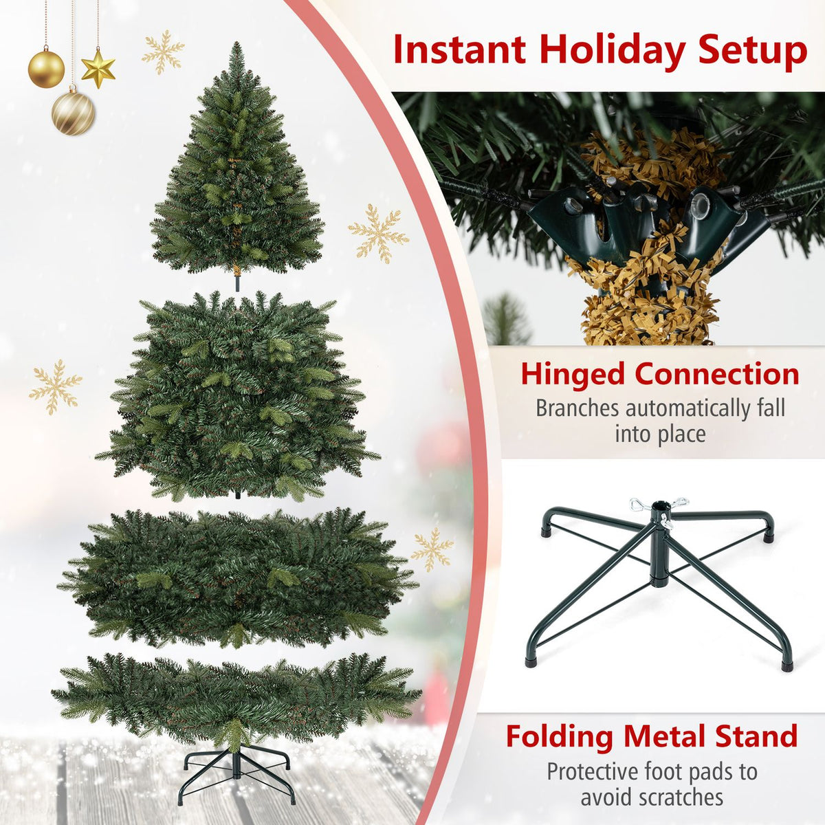 Tree sections shown above a folding metal stand, with a close-up of a hinged branch connection.