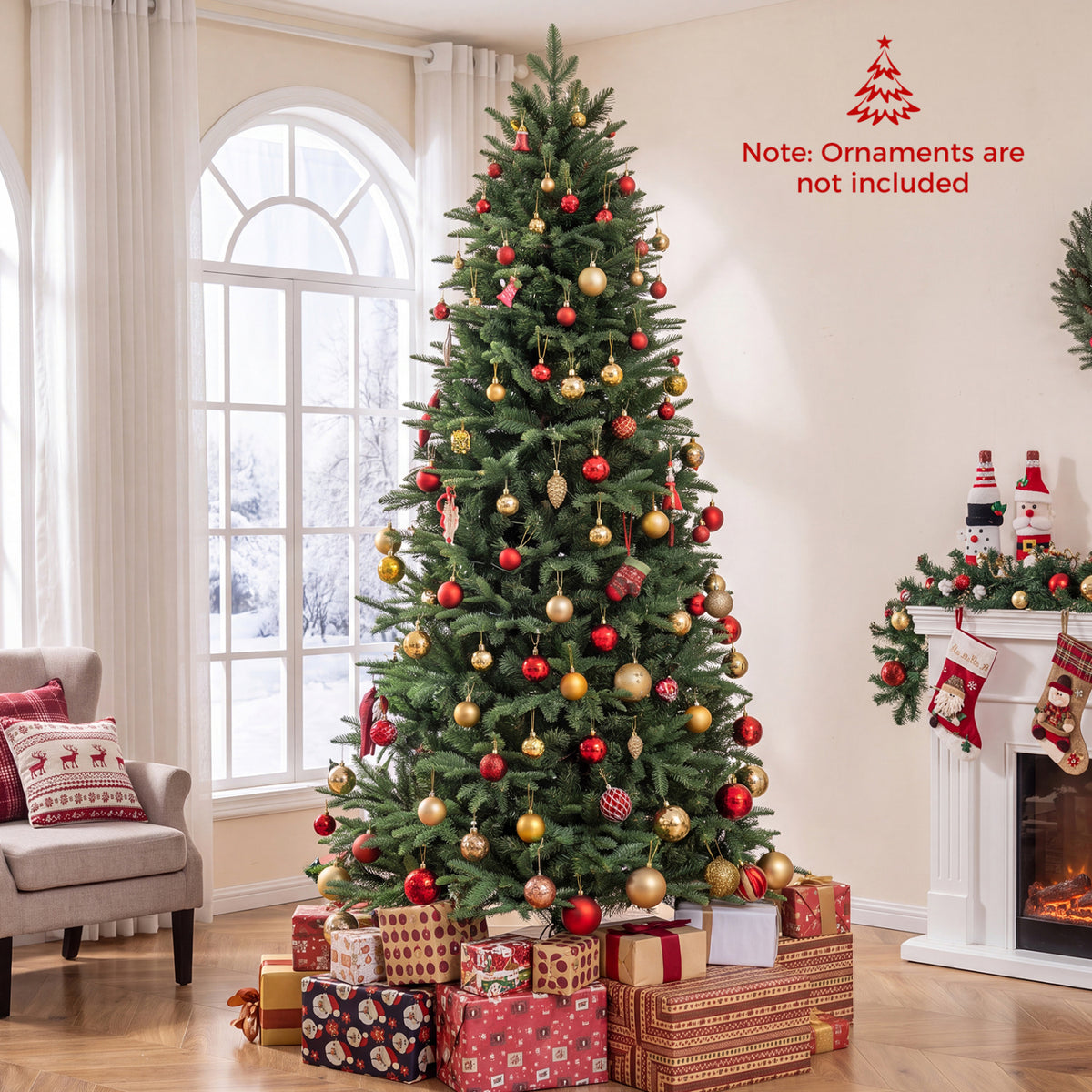 Green Christmas tree decorated with ornaments beside a fireplace and large window