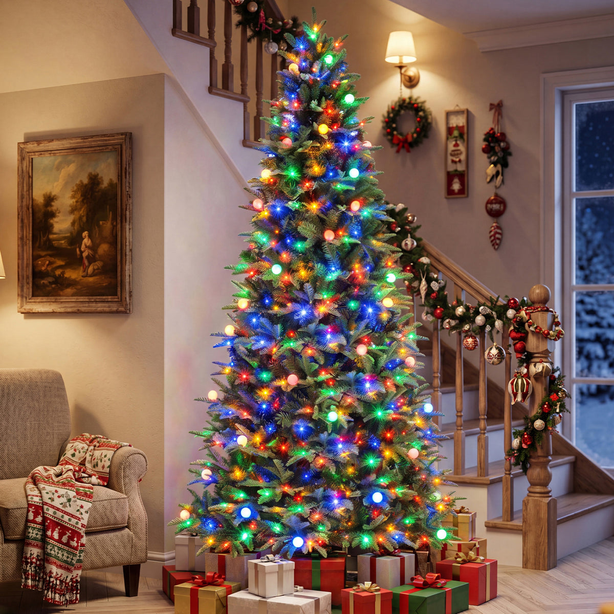 Green artificial tree glowing with multicolored lights in a festive living room