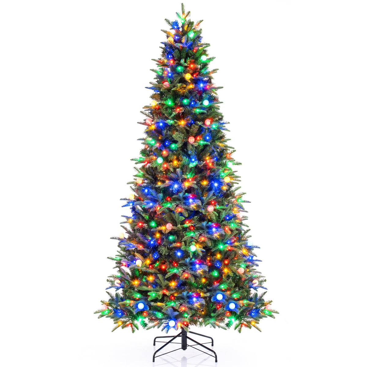 Green artificial Christmas tree with multicolored lights and crossed metal base on white