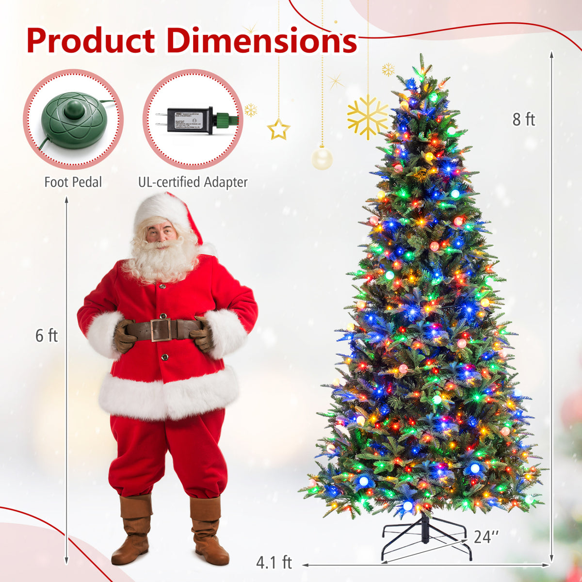 Multicolored pre-lit tree shown with foot pedal and adapter in a dimensions graphic