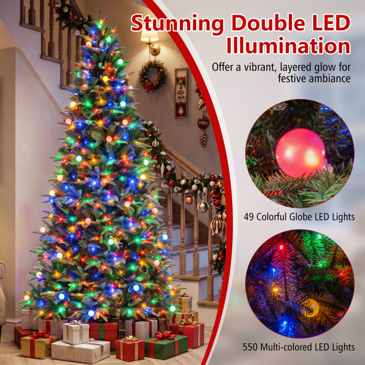 A colorful Christmas tree beside close-ups of glowing globe and multicolored lights.