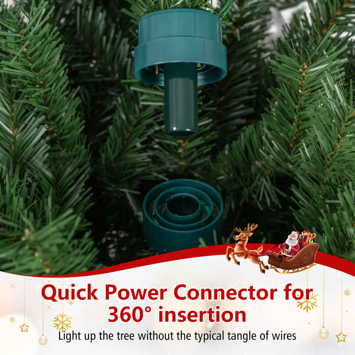 Close-up of a green power connector between artificial tree branches.
