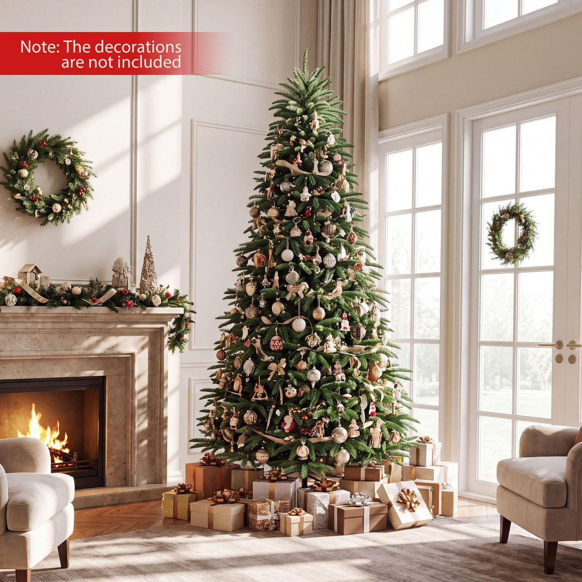 An ornament-covered Christmas tree stands in a bright living room, surrounded by wrapped gifts.