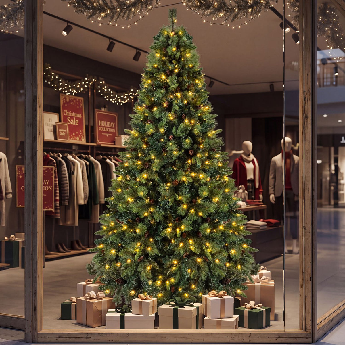 A glowing Christmas tree and gift boxes fill the window of a clothing shop at night.
