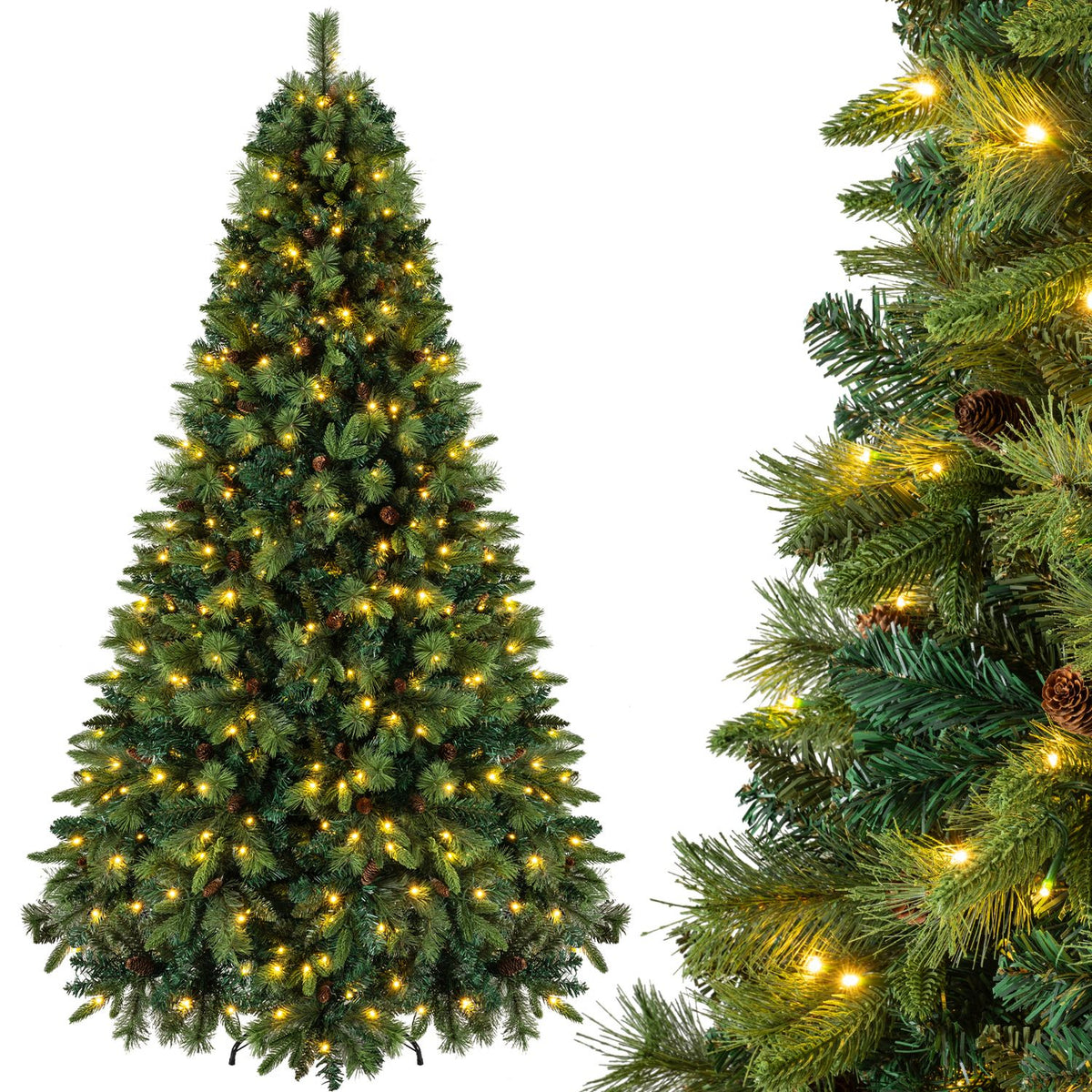 A lit fir tree is shown beside a close-up of its green branches, pinecones, and glowing bulbs.