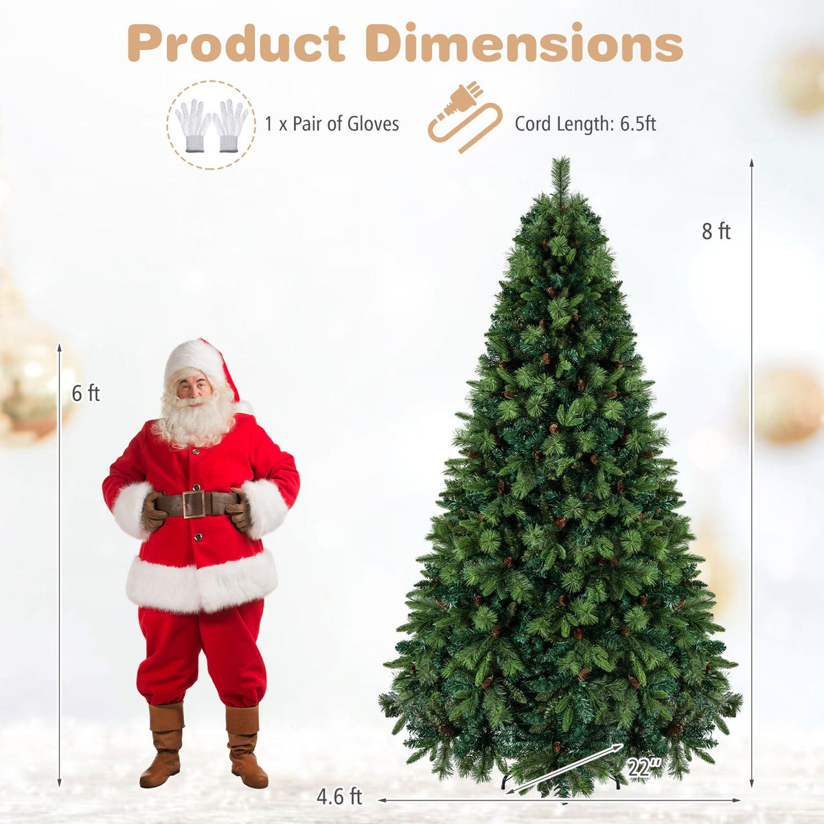 A fir tree is shown beside a Santa figure and measurement arrows on a white background.