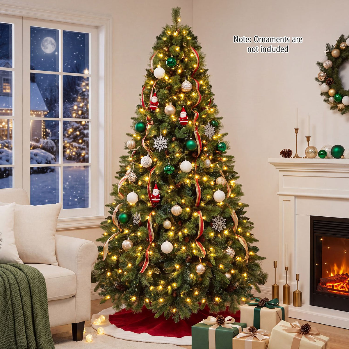 Lit Christmas tree decorated with ornaments and ribbon beside a snowy window and fireplace.