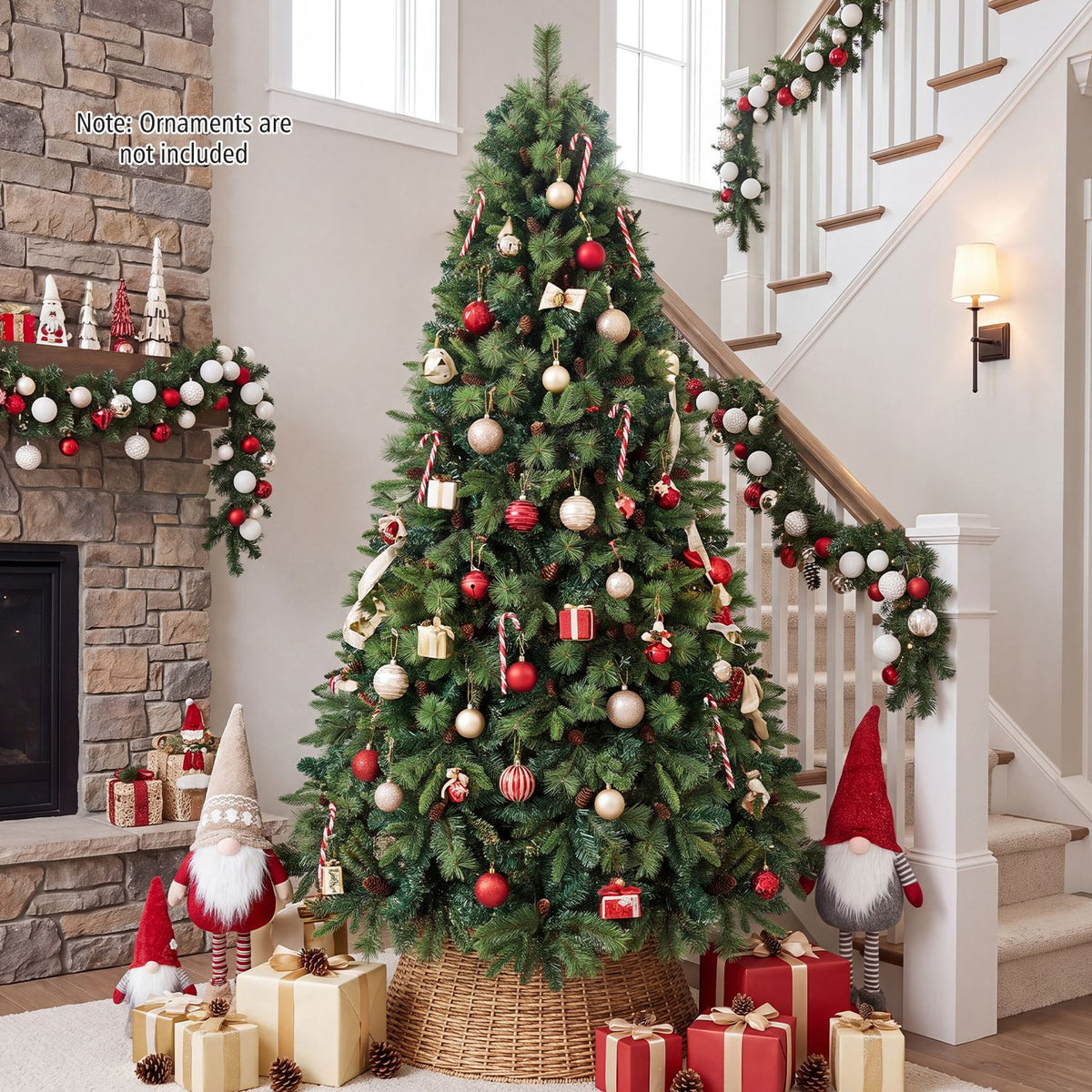 Decorated Christmas tree displayed beside a stone fireplace and staircase with garlands.