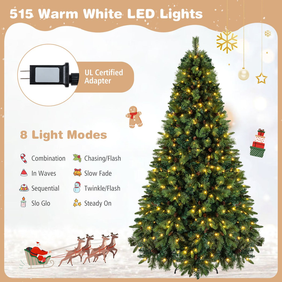 Artificial Christmas tree glowing with warm lights beside an illustrated light adapter and holiday decorations.