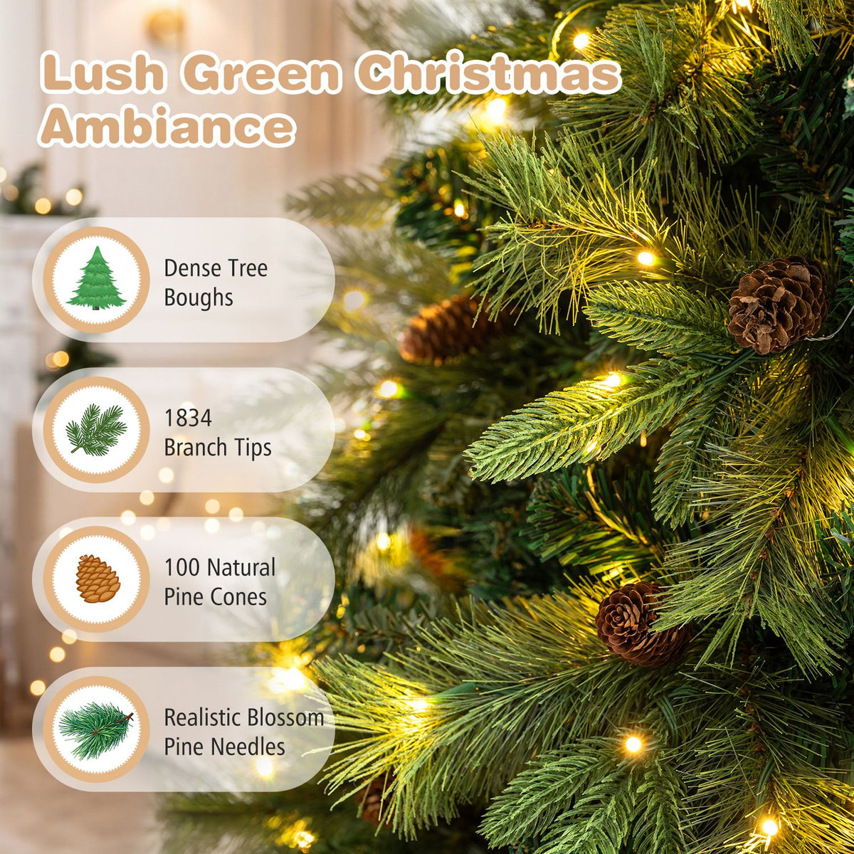 Close-up of green pine branches with glowing lights and pine cones.