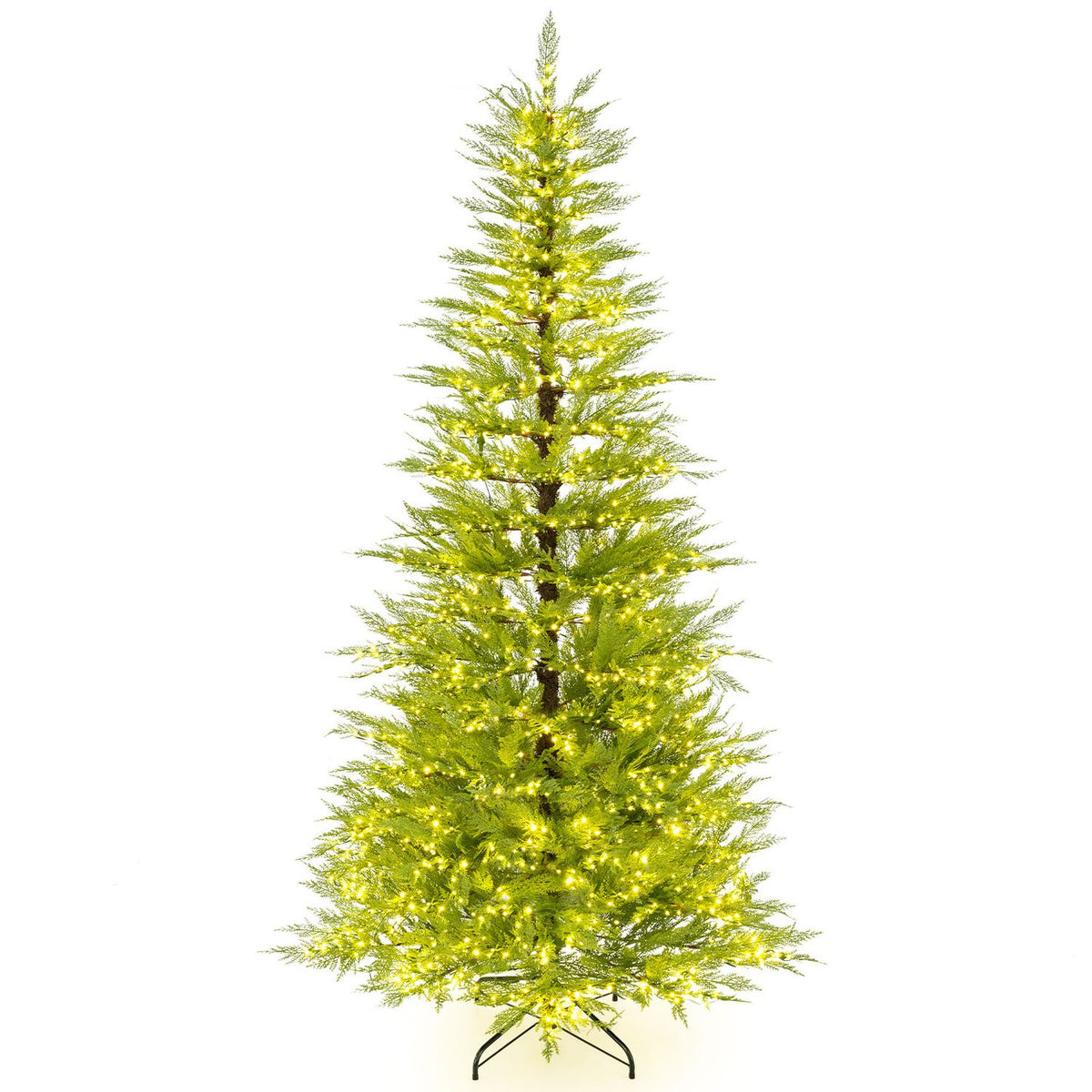 A slender artificial Christmas tree with warm lights is shown alone against a white background.