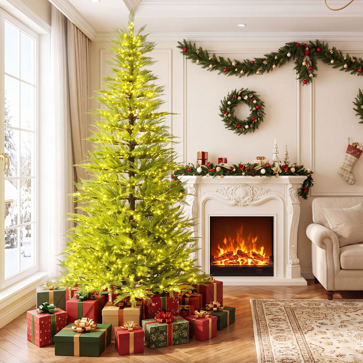 A glowing artificial Christmas tree stands beside a fireplace, surrounded by wrapped gifts.