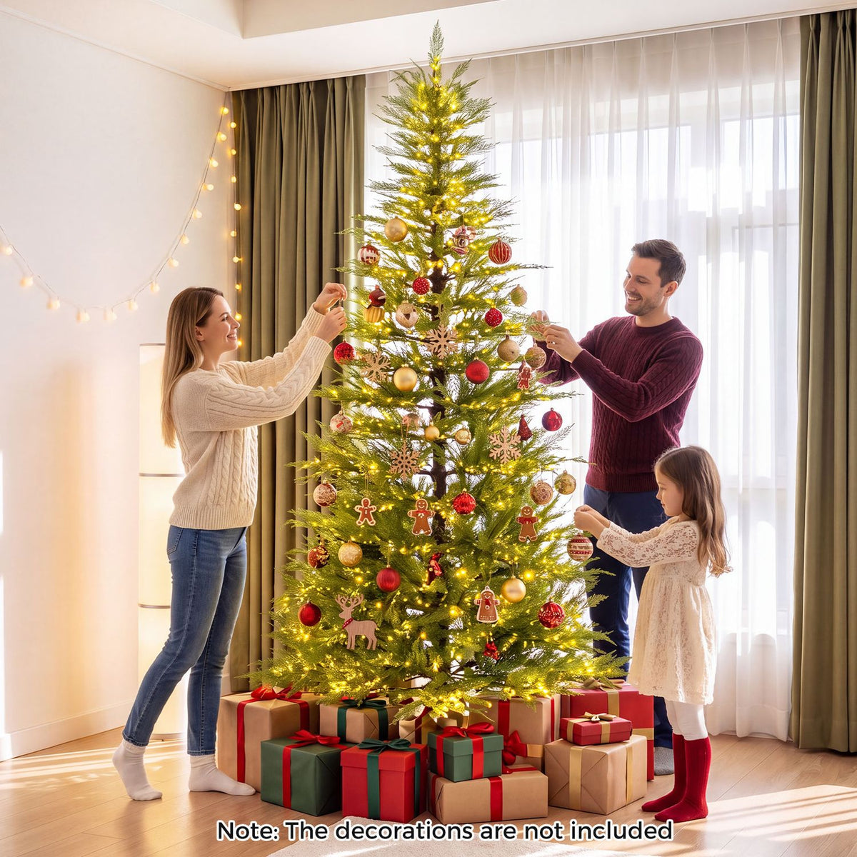 A family decorates a glowing Christmas tree surrounded by wrapped gifts in a bright living room.