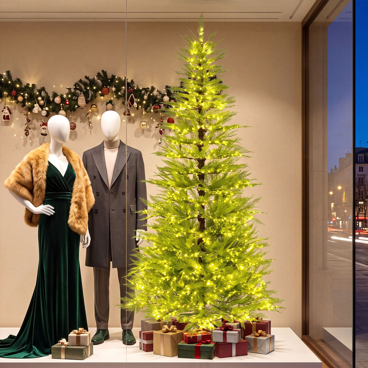 A glowing Christmas tree stands among wrapped gifts beside two fashion mannequins in a shop window.