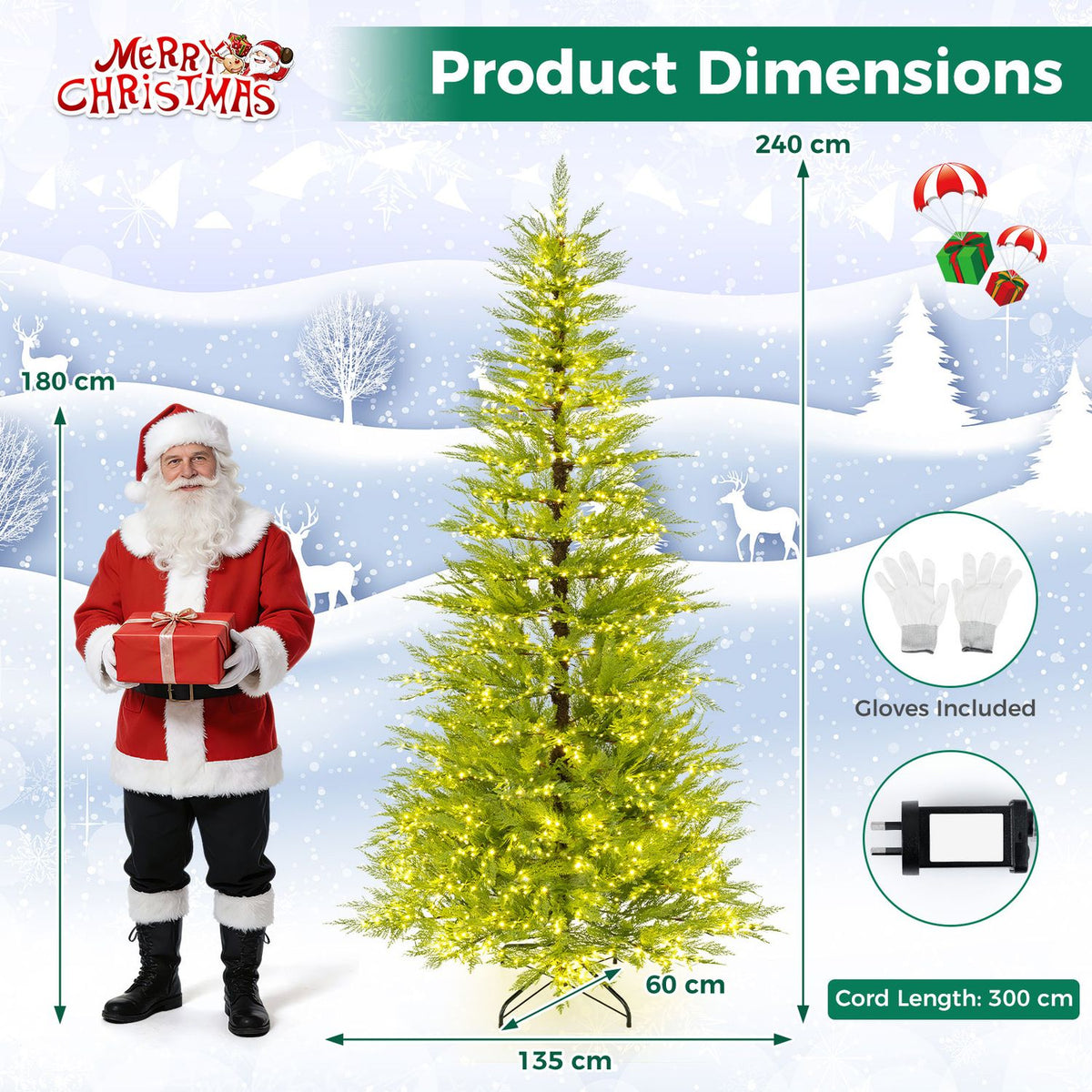 Illustrated lit Christmas tree beside Santa, with accessory icons and measurement arrows.
