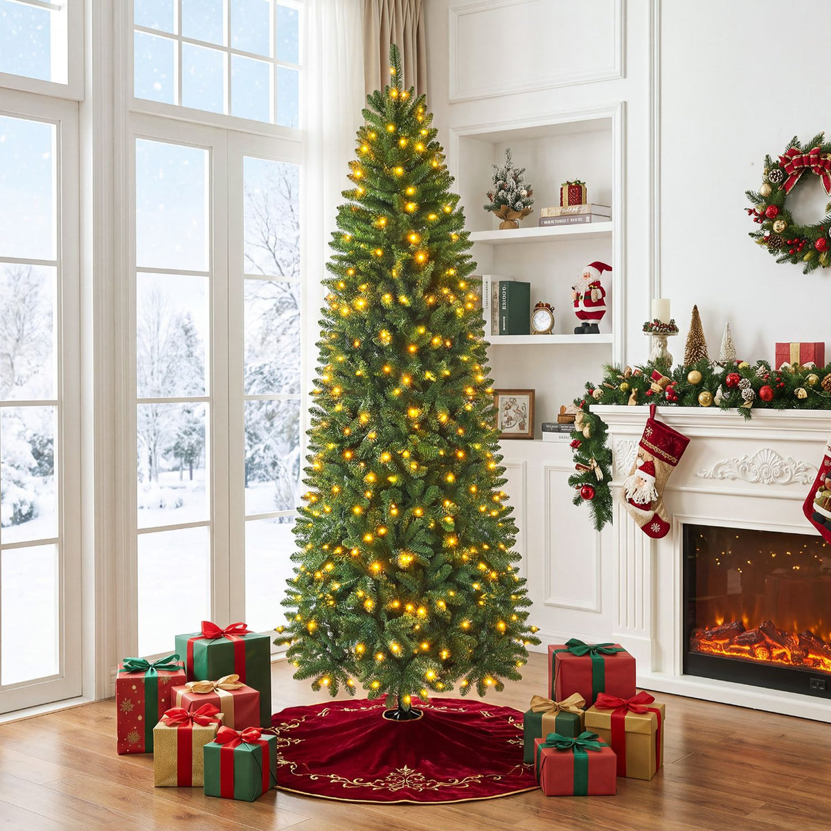 A glowing Christmas tree stands beside a decorated fireplace, with wrapped gifts gathered around its base.