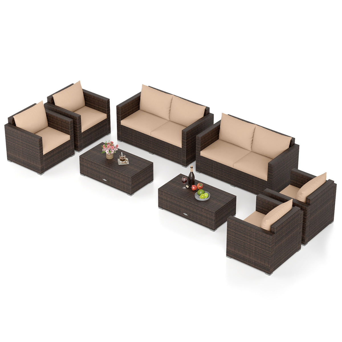 Dark rattan conversation set with beige cushions shown against a white background