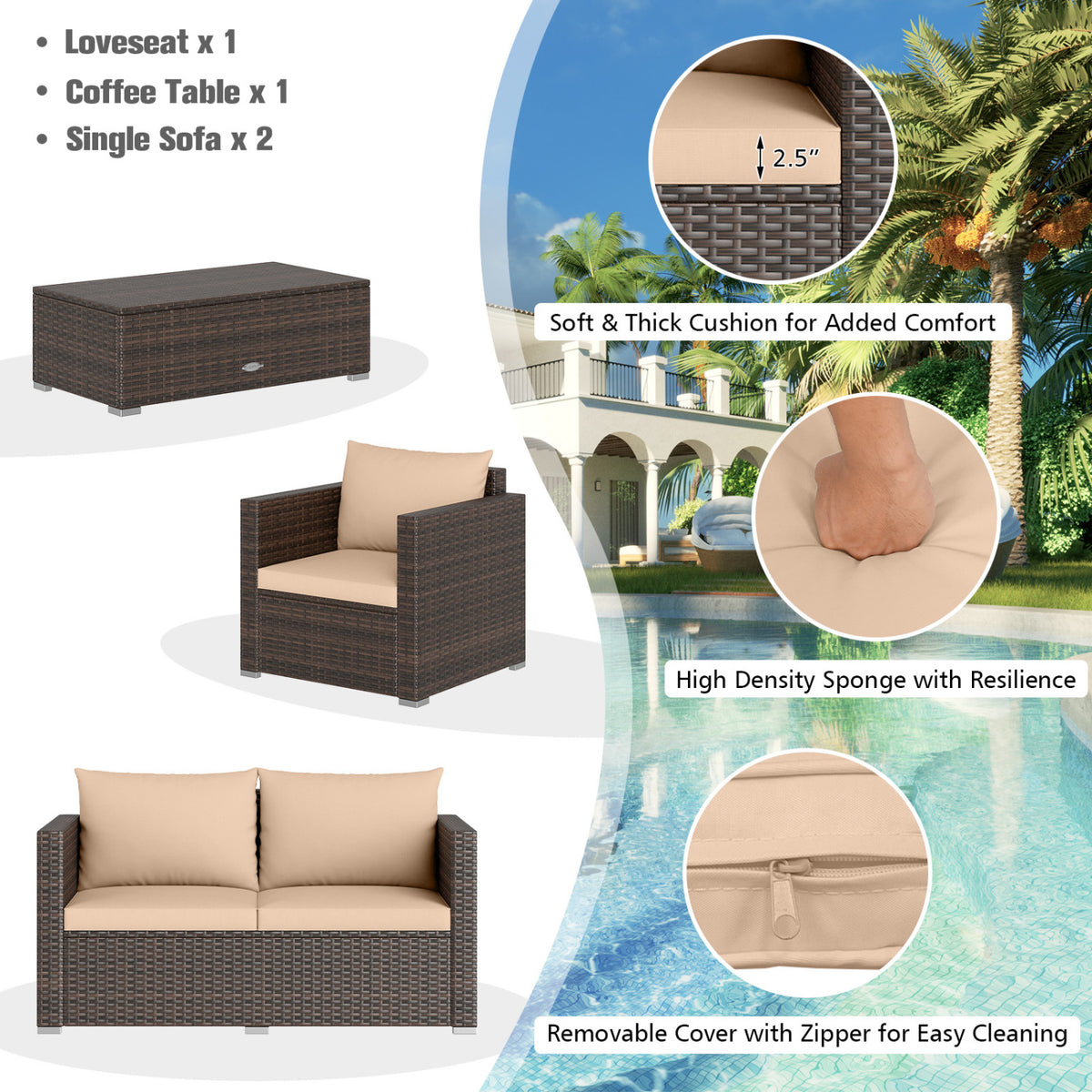 Feature collage of dark rattan seating, cushions, and zippered cushion cover