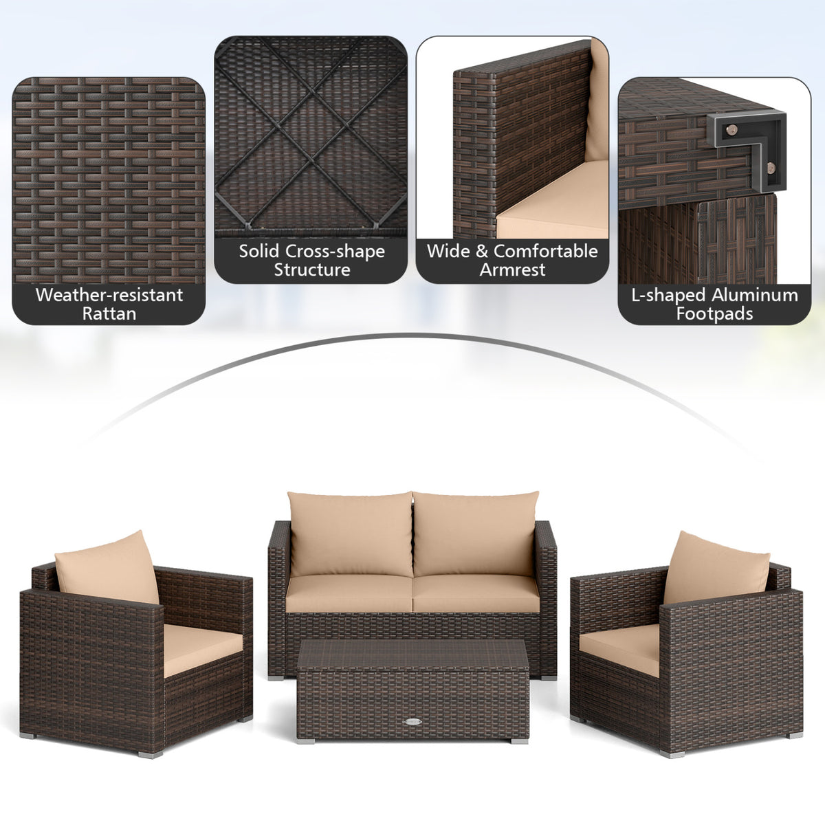 Dark woven rattan chair and loveseat shown with close-ups of the frame and foot pads