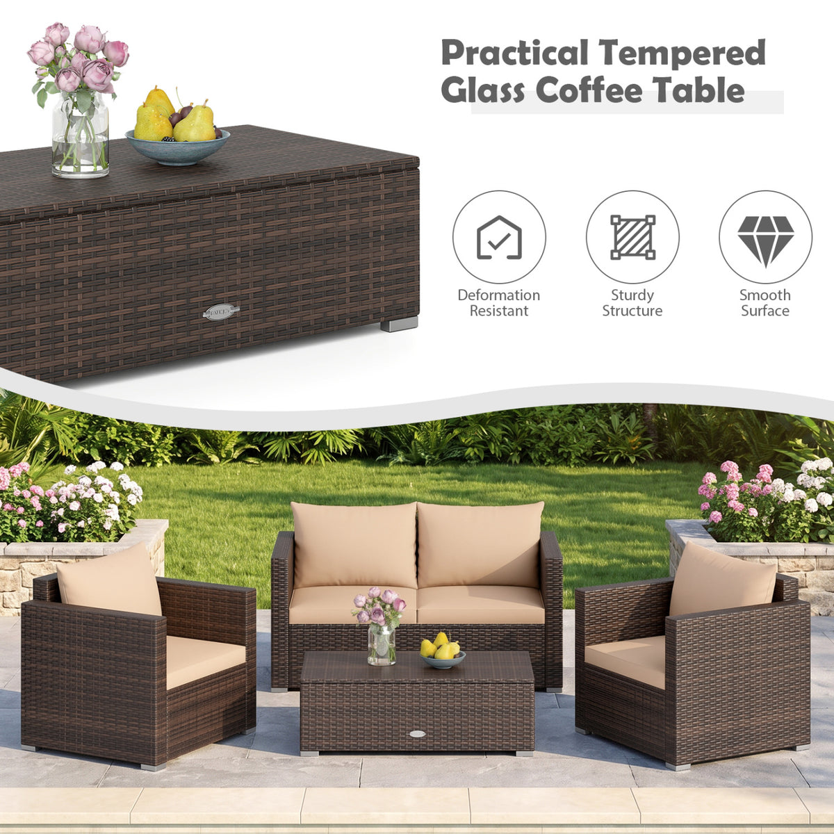 Dark rattan coffee table and cushioned seating arranged on a patio